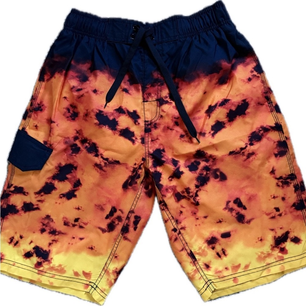 Board Shorts UPF 50+ Orange Yellow Flame Tie Dye Mens Small Swim Trunks NWT